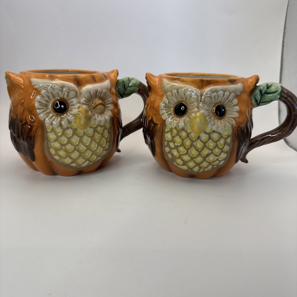 Cracker‎ Barrel Pumpkin Owl Tea Coffee Mug 3D SET of TWO